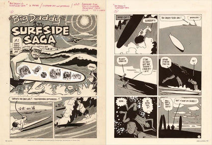 A printed comic-book page spread titled "Big Daddy in Surfside Saga," showing black-and-white illustrated panels with surfers, beach scenes, and speech bubbles on an off-white page.