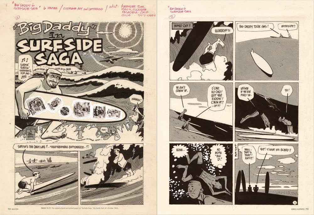 A printed comic-book page spread titled "Big Daddy in Surfside Saga," showing black-and-white illustrated panels with surfers, beach scenes, and speech bubbles on an off-white page.