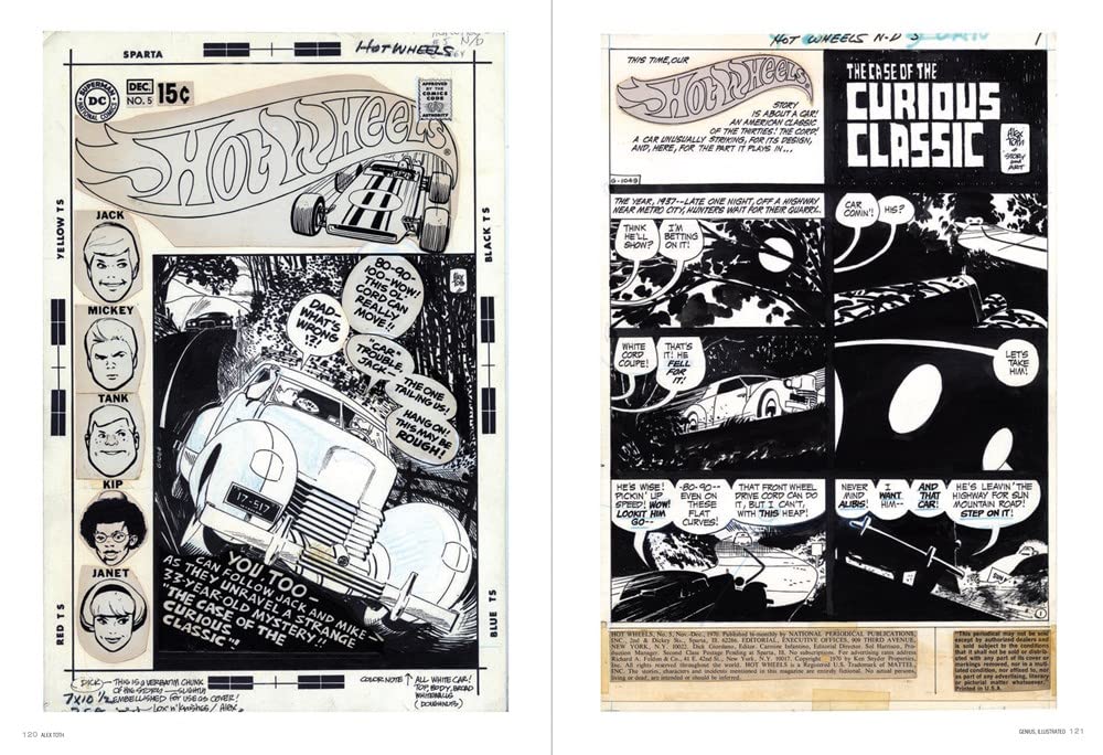 Two vintage comic book pages from Hot Wheels, displayed side by side on a white background. The left page shows the original comic layout with character portraits and a hot-wheeled truck illustration, while the right page shows the printed comic panel layout with text and black-and-white racing scenes.