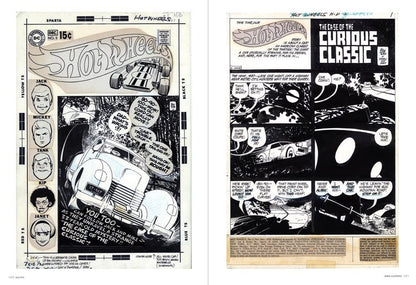 Two vintage comic book pages from Hot Wheels, displayed side by side on a white background. The left page shows the original comic layout with character portraits and a hot-wheeled truck illustration, while the right page shows the printed comic panel layout with text and black-and-white racing scenes.