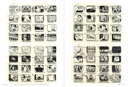 Two printed panels showing a black-and-white illustrated comic-style sequence with small panels, text labels, and a central blurred censor block, photographed flat against a white background.