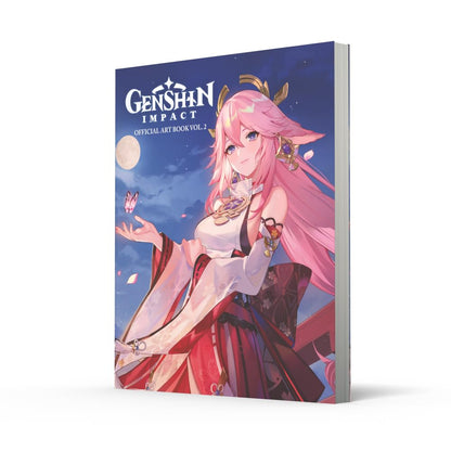 Genshin Impact Official Art Book Vol. 2, featuring a vibrant illustration of a pink-haired female character in a red and white outfit against a starry night sky, shown as a 3D book mockup on a white background.