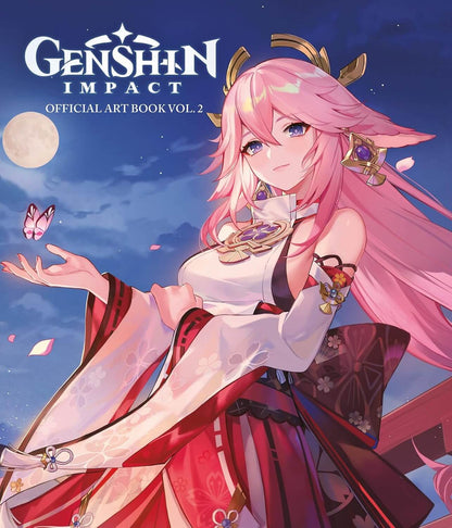 Cover of 'Genshin Impact' Official Art Book Vol. 2 featuring an animated character with pink hair and a night sky.