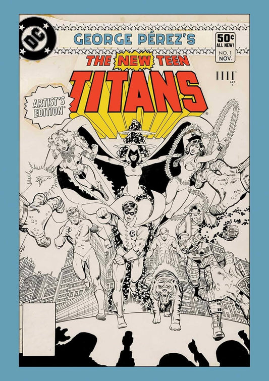 Comic book cover of 'The New Teen Titans' with black and white illustrations and colorful text.