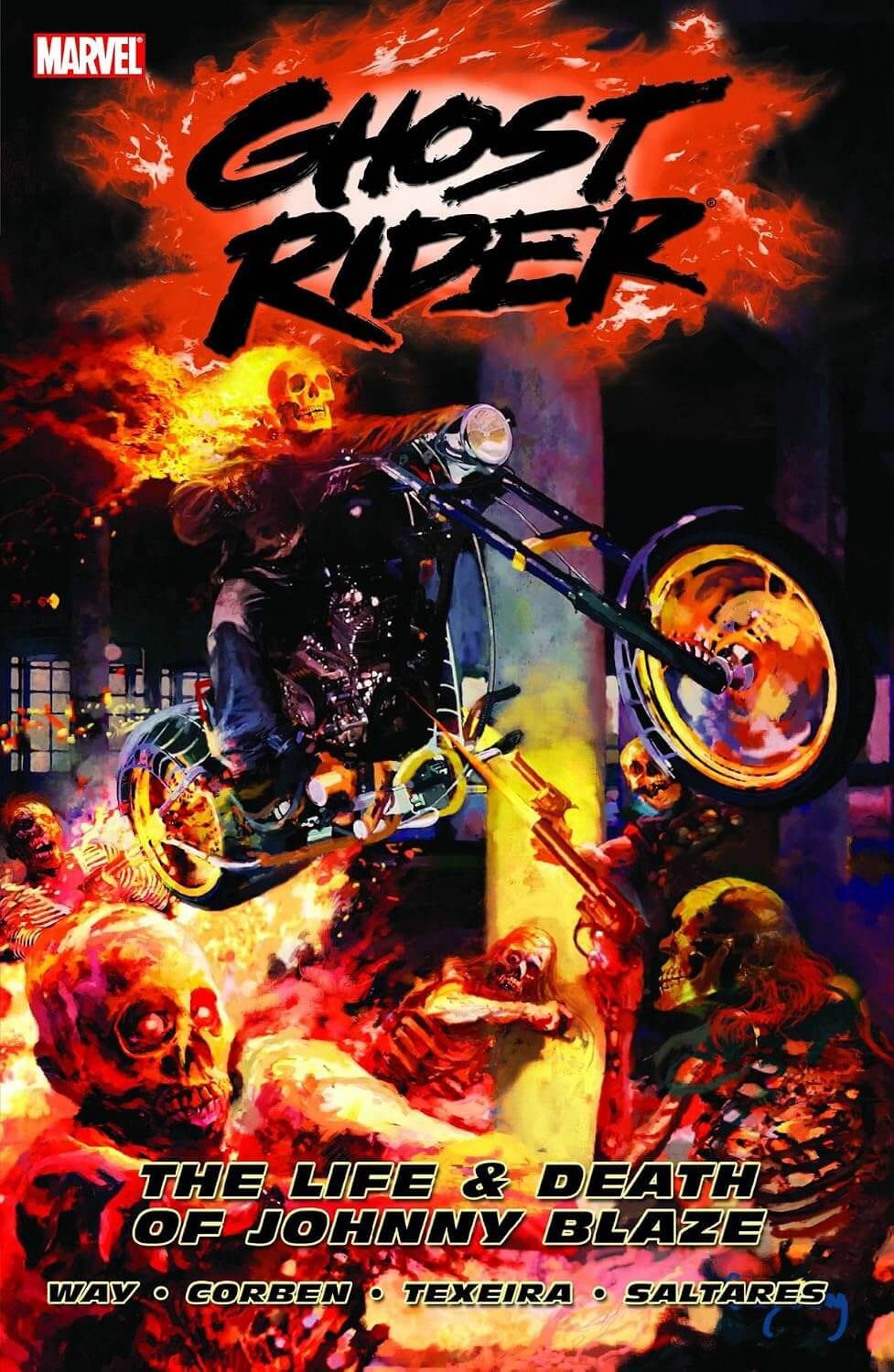 Comic book cover for Marvel's Ghost Rider: The Life & Death of Johnny Blaze, featuring a fiery, dramatic illustration of Ghost Rider on a motorcycle with skulls and flames throughout the artwork.