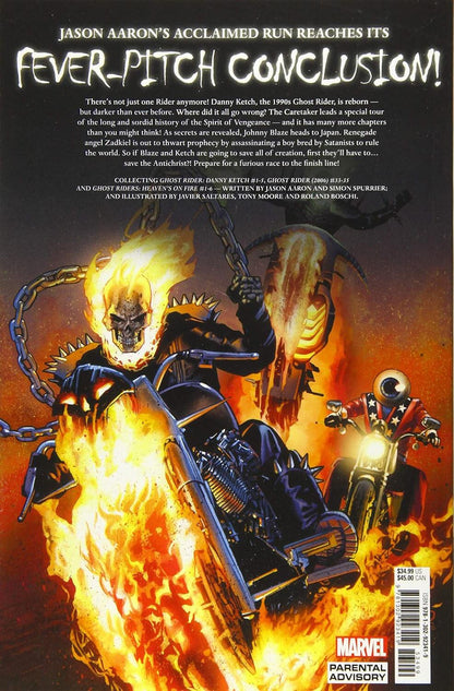 Back cover of Marvel's Ghost Rider comic book, featuring dramatic artwork of Ghost Rider in a flaming black suit with a fiery yellow skull, alongside a motorcycle scene and large title text at the top.
