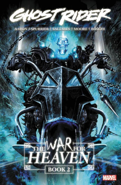 Comic book cover for Ghost Rider: The War for Heaven Book 2, featuring Ghost Rider on a dark, spiked motorcycle with glowing blue energy effects and the Marvel logo in the bottom right corner.
