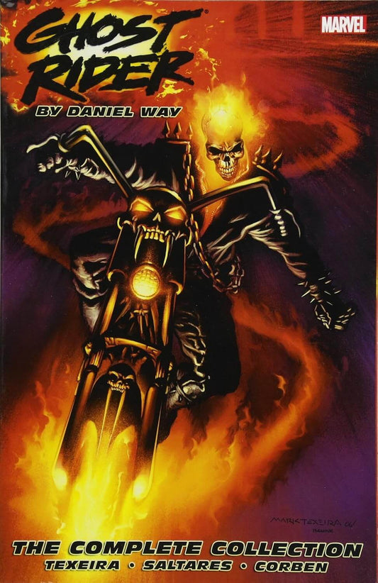 Comic book cover featuring Ghost Rider on a motorcycle with flames, Marvel logo visible