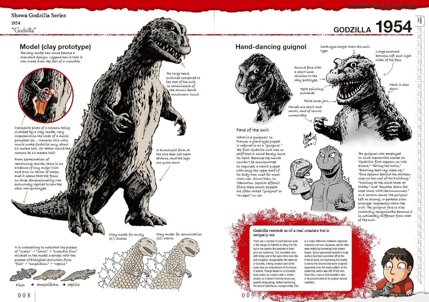 A printed page from a Godzilla reference book or magazine showing detailed character studies of Godzilla and King Kong, including black-and-white illustrations, explanatory text, and a red header and footer.