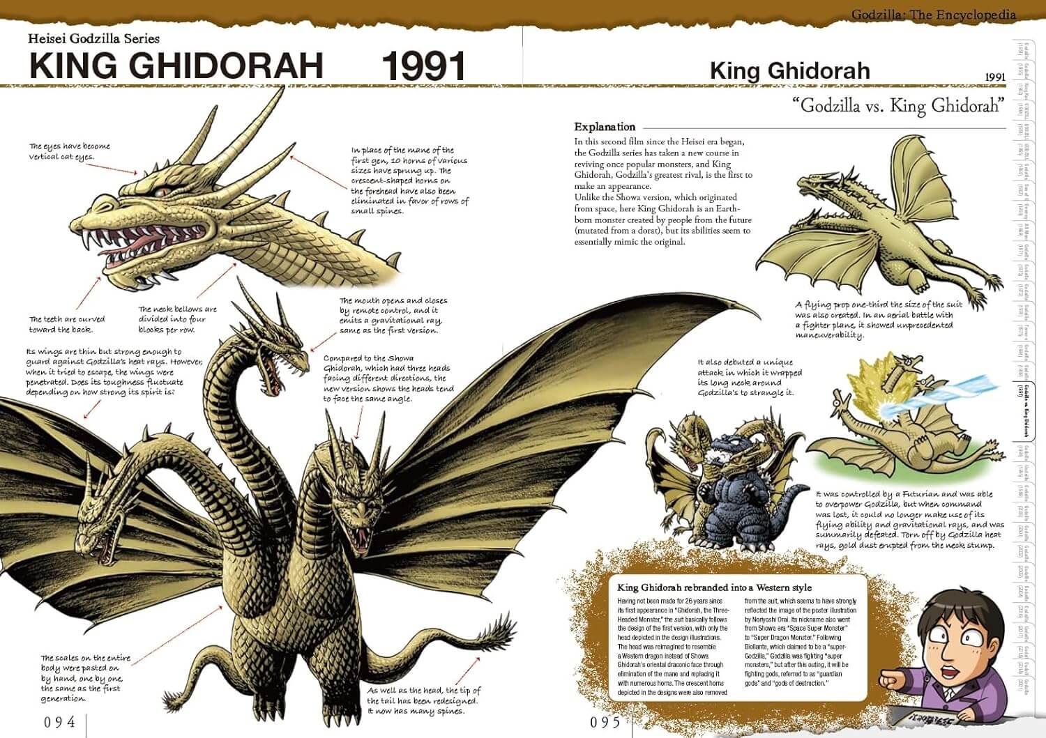 Illustration of King Ghidorah from 1991 with explanatory text and graphics.