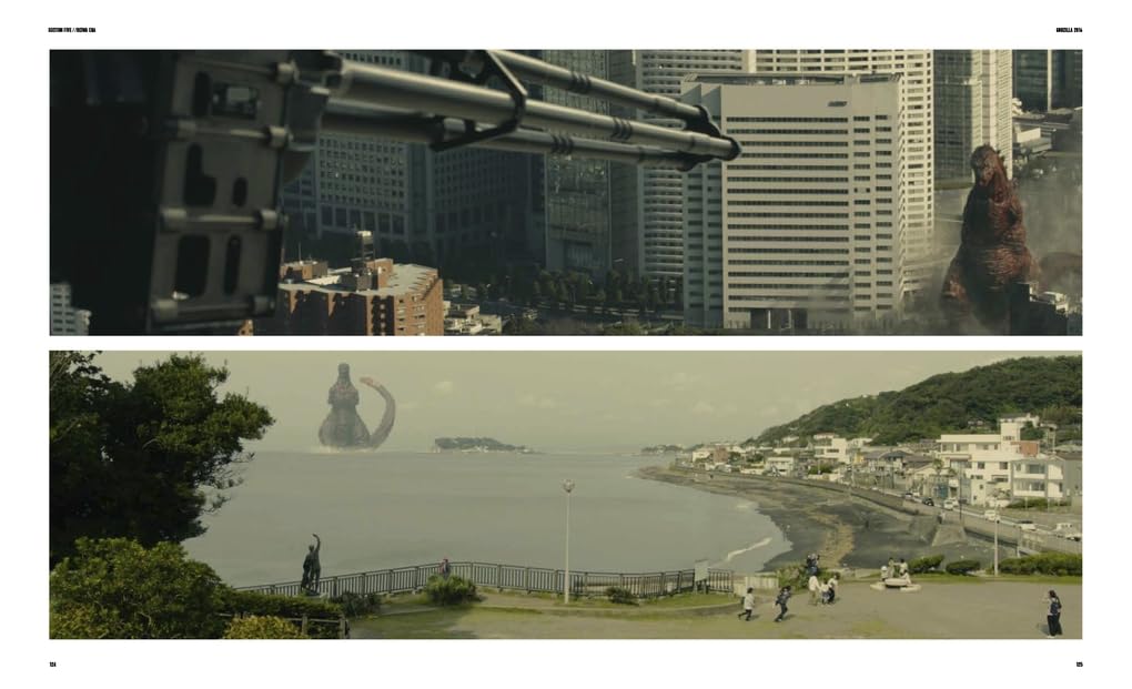 A two-panel movie still or poster layout showing a giant monster in a cityscape on the top and a coastal town with the monster floating over the water on the bottom.