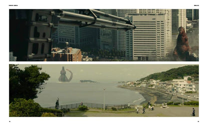 A two-panel movie still or poster layout showing a giant monster in a cityscape on the top and a coastal town with the monster floating over the water on the bottom.