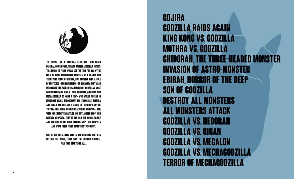 A printed poster or booklet page with a black-and-white left panel containing a logo and block of text, and a blue right panel with a list of Godzilla-related phrases such as 'GOJIRA', 'Godzilla Raids Again', and 'Terror of Megachogdzilla'.