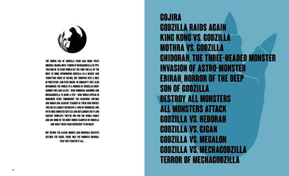 A printed poster or booklet page with a black-and-white left panel containing a logo and block of text, and a blue right panel with a list of Godzilla-related phrases such as 'GOJIRA', 'Godzilla Raids Again', and 'Terror of Megachogdzilla'.
