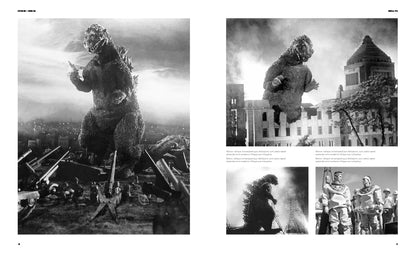A black-and-white printed spread featuring multiple Godzilla scenes, including the monster standing on rubble in a city, towering over buildings, and standing with astronauts in space. The layout resembles a magazine or book interior page with captions and small text blocks.