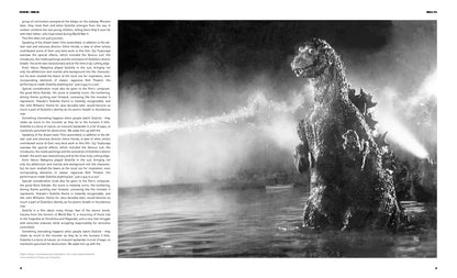 A printed page spread featuring a large black-and-white photograph of Godzilla rising from water with a spray of water in the background, alongside dense blocks of text on the left and small page markers on the right.