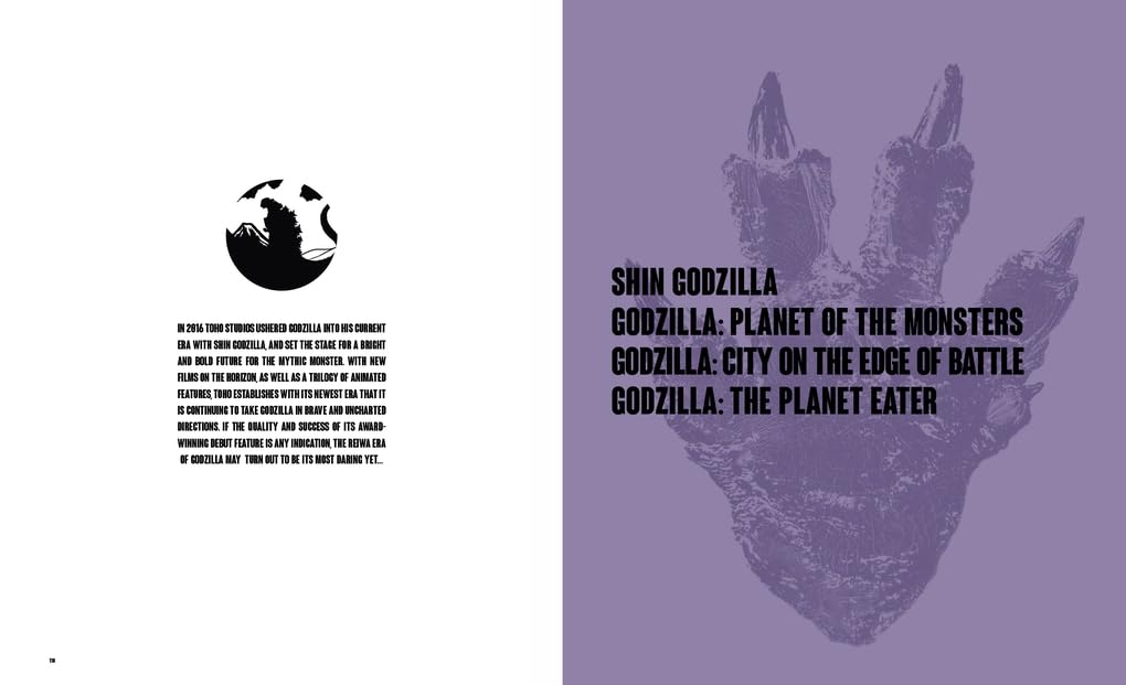 A split-panel graphic design for Shin Godzilla: Planet of the Monsters Godzilla: City on the Edge of Battle Godzilla: The Planet Eater, featuring a black silhouette of Godzilla and a purple footprint with text on a white and purple background.