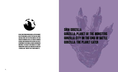 A split-panel graphic design for Shin Godzilla: Planet of the Monsters Godzilla: City on the Edge of Battle Godzilla: The Planet Eater, featuring a black silhouette of Godzilla and a purple footprint with text on a white and purple background.