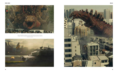 A two-page spread from a book or magazine featuring Godzilla and other kaiju monsters in urban battle scenes. The left page has two smaller panels with action and a brief caption block.