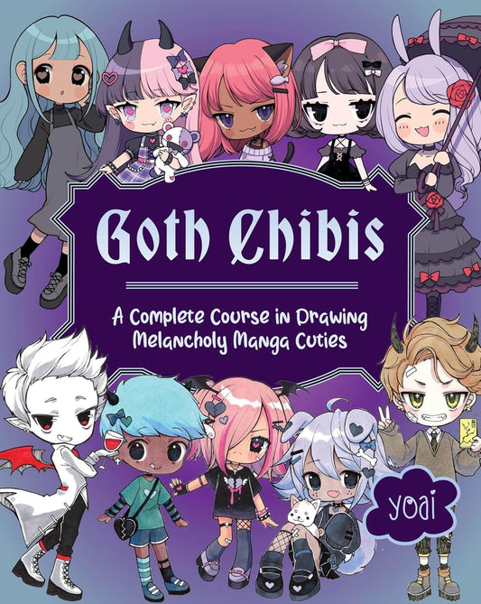 Book cover of 'Goth Chibis' with illustrations of melancholy manga cuties on a purple background.