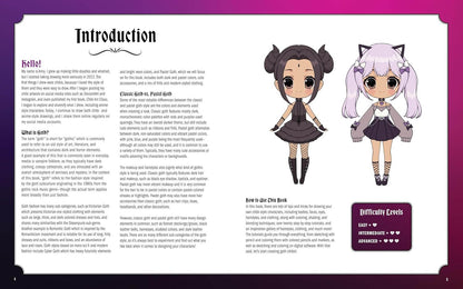 A digital preview of a book cover or instruction sheet titled 'Introduction' with two chibi-style character illustrations, body text, and a difficulty levels box on a white page with purple side borders.
