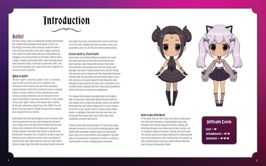 A digital preview of a book cover or instruction sheet titled 'Introduction' with two chibi-style character illustrations, body text, and a difficulty levels box on a white page with purple side borders.
