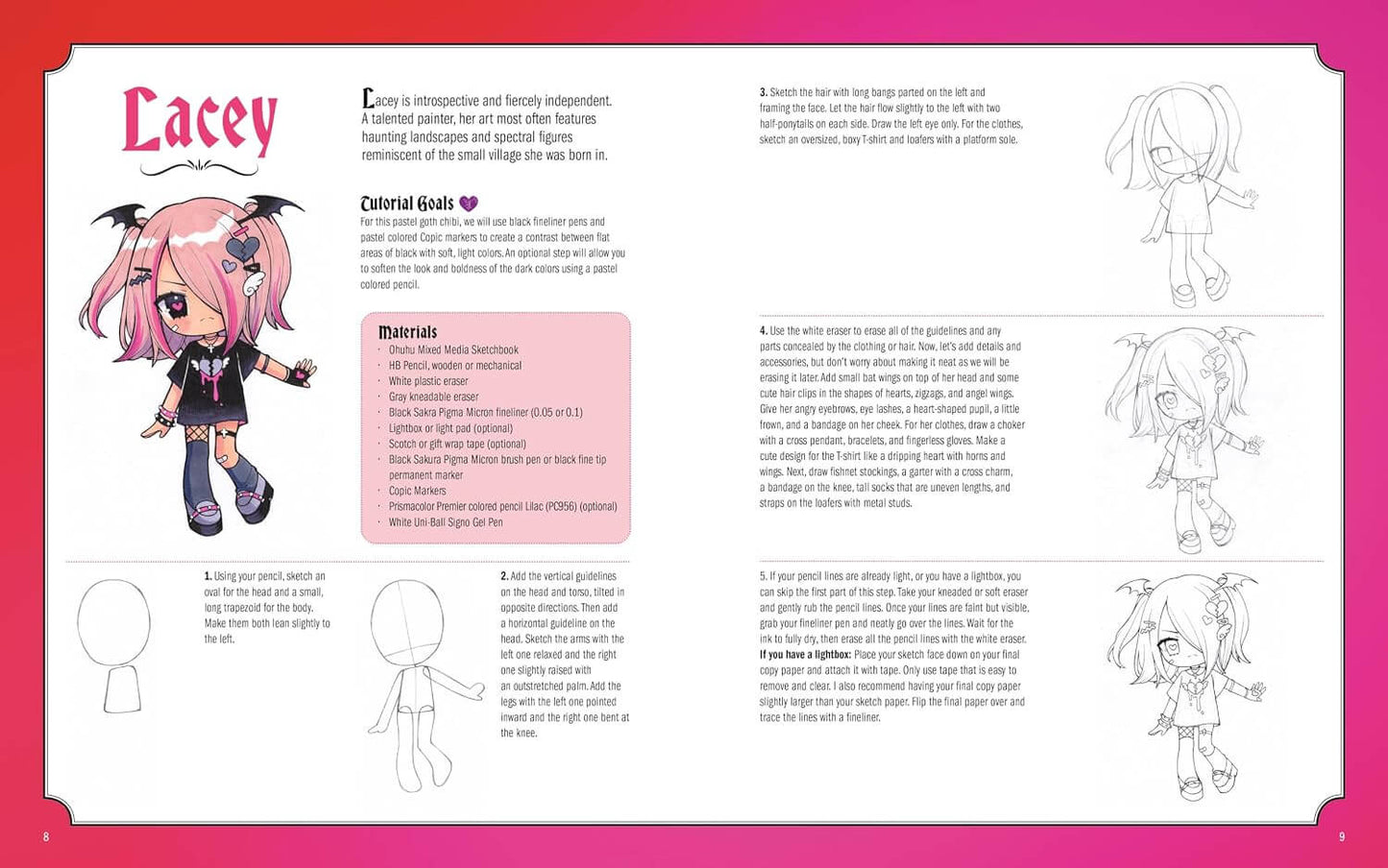 A printed instruction sheet titled 'Lacey' with character artwork, English text instructions, and line-art illustrations on a pink border background.