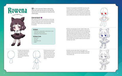 A printed or digital character design sheet titled 'Rowena' showing an illustrated anime-style girl, descriptive text, software references, and step-by-step drawing guides on a teal background.