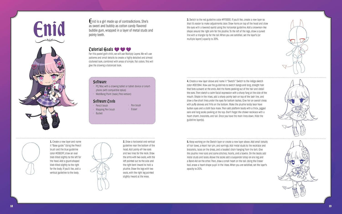 A printed or digital instruction sheet titled 'Enid' with character artwork, character goals, software references, and step-by-step drawing guidance. The page has a purple border and multiple line-art illustrations of a chibi-style girl with pink hair.