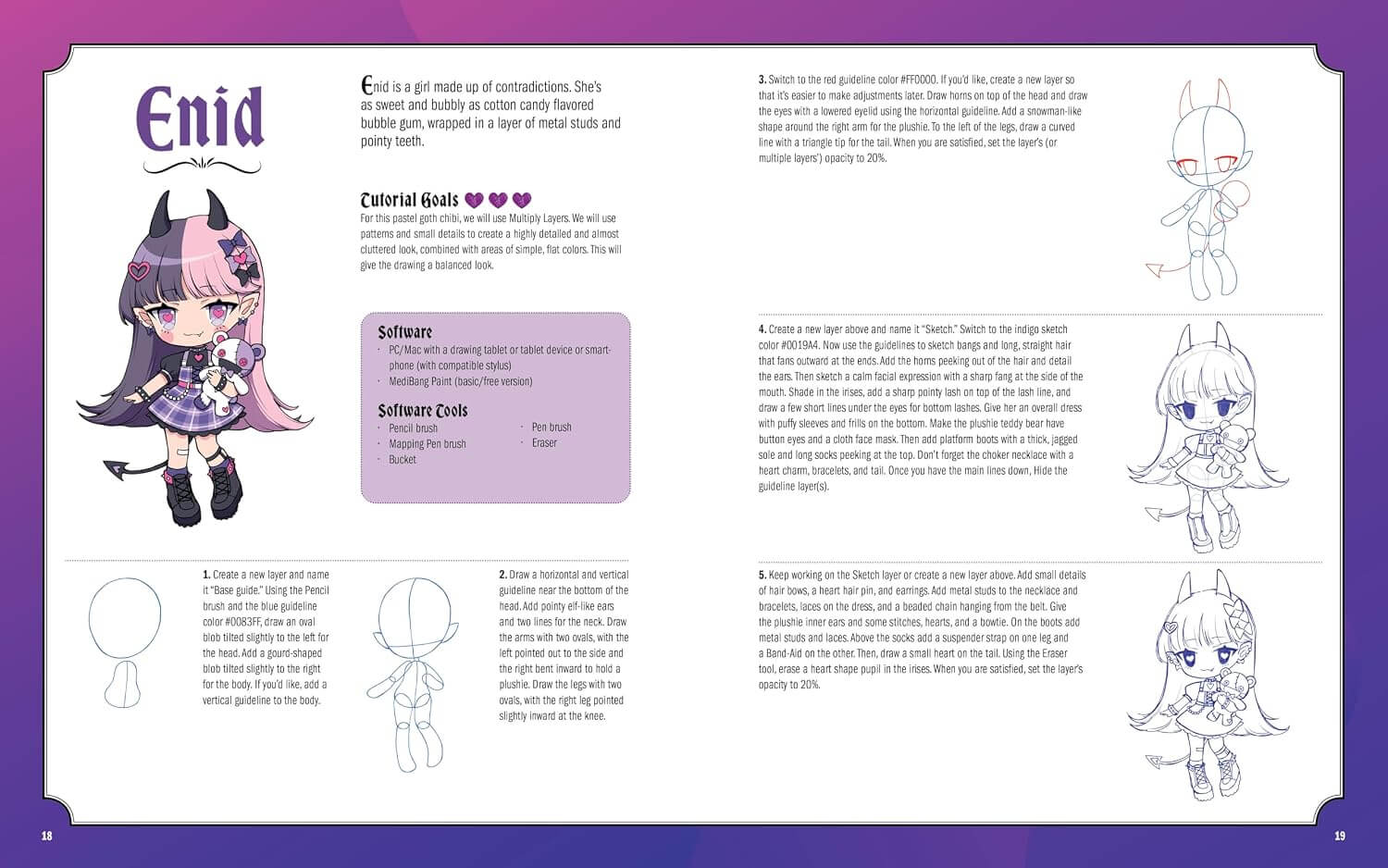 A printed or digital instruction sheet titled 'Enid' with character artwork, character goals, software references, and step-by-step drawing guidance. The page has a purple border and multiple line-art illustrations of a chibi-style girl with pink hair.