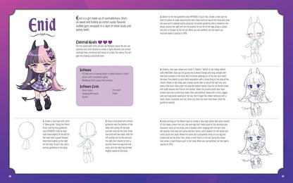 A printed or digital instruction sheet titled 'Enid' with character artwork, character goals, software references, and step-by-step drawing guidance. The page has a purple border and multiple line-art illustrations of a chibi-style girl with pink hair.