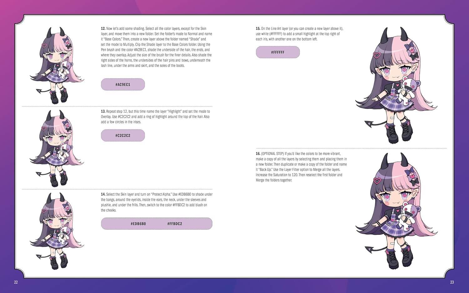 A printed or digital instruction sheet with purple borders and multiple small illustrations of an anime-style girl with pink hair and horns, alongside blocks of text and labeled buttons such as 'MEMENTO' and 'REMEMBER'.