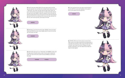 A printed or digital instruction sheet with purple borders and multiple small illustrations of an anime-style girl with pink hair and horns, alongside blocks of text and labeled buttons such as 'MEMENTO' and 'REMEMBER'.