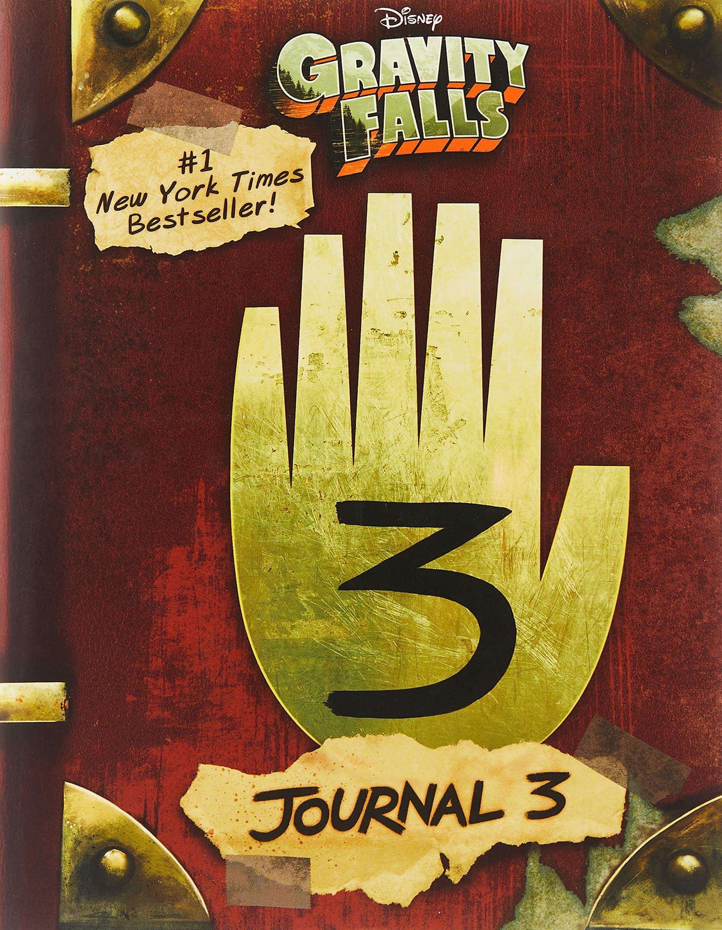 Front cover of Disney Gravity Falls Journal 3, featuring a large gold handprint with the number 3 in black, set against a dark red textured background with brass corner details and torn paper accents.