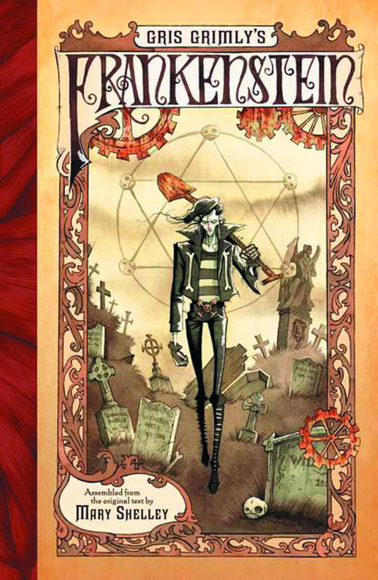 Cover of the graphic novel 'Frankenstein' by Gris Grimly, featuring an illustration of a character in a dark setting with a dramatic background.