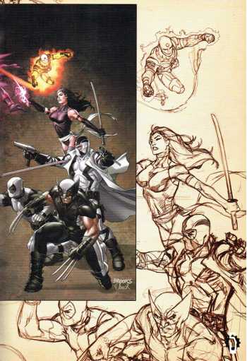 A comic book cover or art print featuring a painted action scene on the left and brown sketch illustrations on a cream background on the right, with multiple superhero characters depicted.