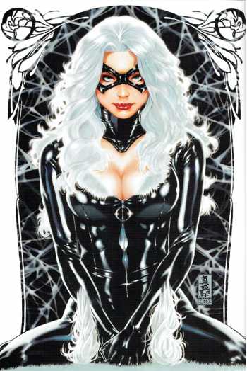Comic book style illustration of a woman with long white hair wearing a black bodysuit and mask, seated against a black background with spiderweb lines and ornate corner details.
