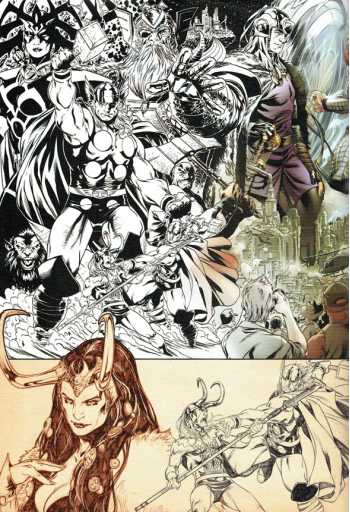 A comic-style illustration collage showing multiple fantasy characters in black-and-white line art on the top half and sepia-toned sketches on the bottom half.