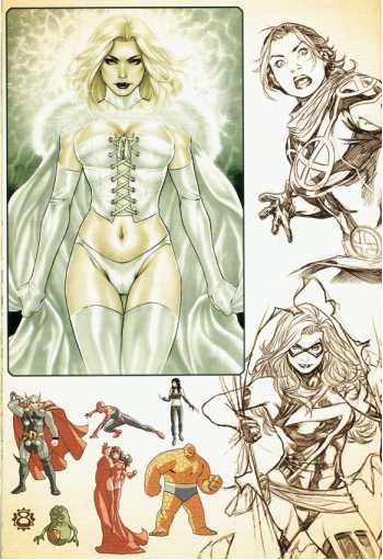 A collage of comic-style character illustrations, with a large central artwork of a blonde woman in a white corseted costume and several smaller sketches of other fantasy characters on a light beige background.