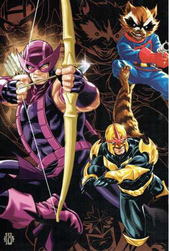 Comic book style illustration featuring four superheroes: an archer in purple and black, a raccoon in a blue and red costume, a yellow-masked hero in black and gold, and a dark masked figure in the background.