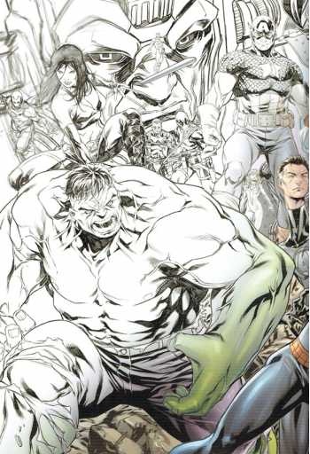 Black and white comic book illustration featuring the Hulk in the foreground, with other Marvel characters visible in the background, including a ninja, a masked hero, and others.