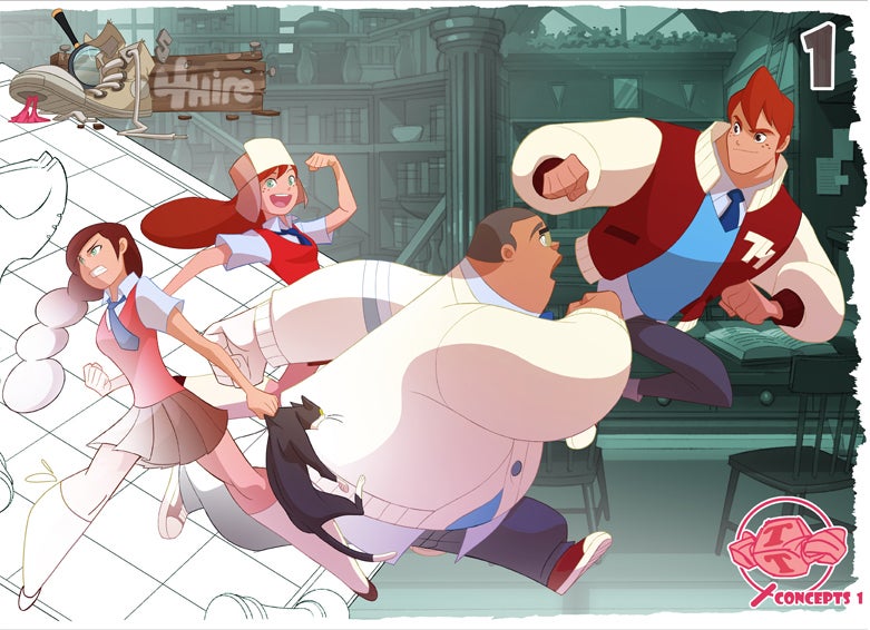 Cover art for 'GUMSHOES 4 HIRE CONCEPTS 1 HC' featuring colorful cartoon characters in an urban setting.