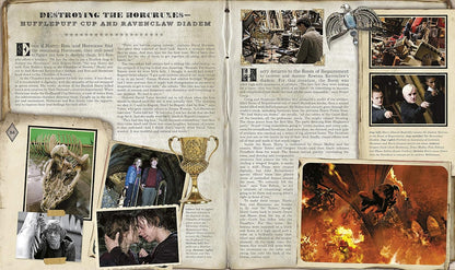 An open vintage-style book or magazine spread with aged beige pages, dense text blocks, and multiple embedded photos and illustrations related to Harry Potter, including a gold cup, dragon imagery, and character scenes.