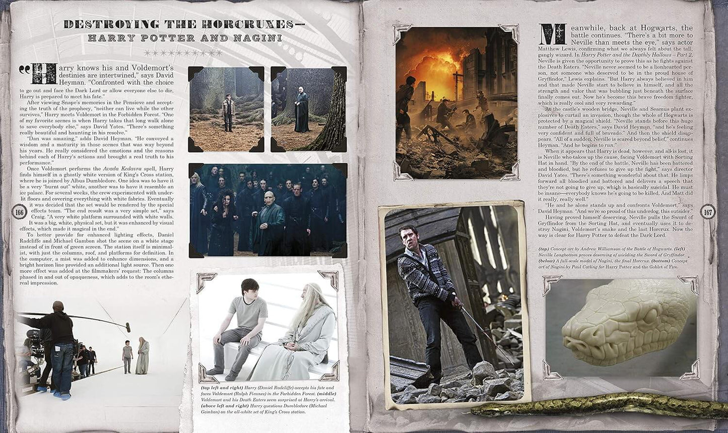 An open book spread displaying a printed article or magazine page about Harry Potter and the Forbidden Forest, featuring multiple inset photographs, a large battle scene, a character portrait, and a textured stone slab on an aged paper background.