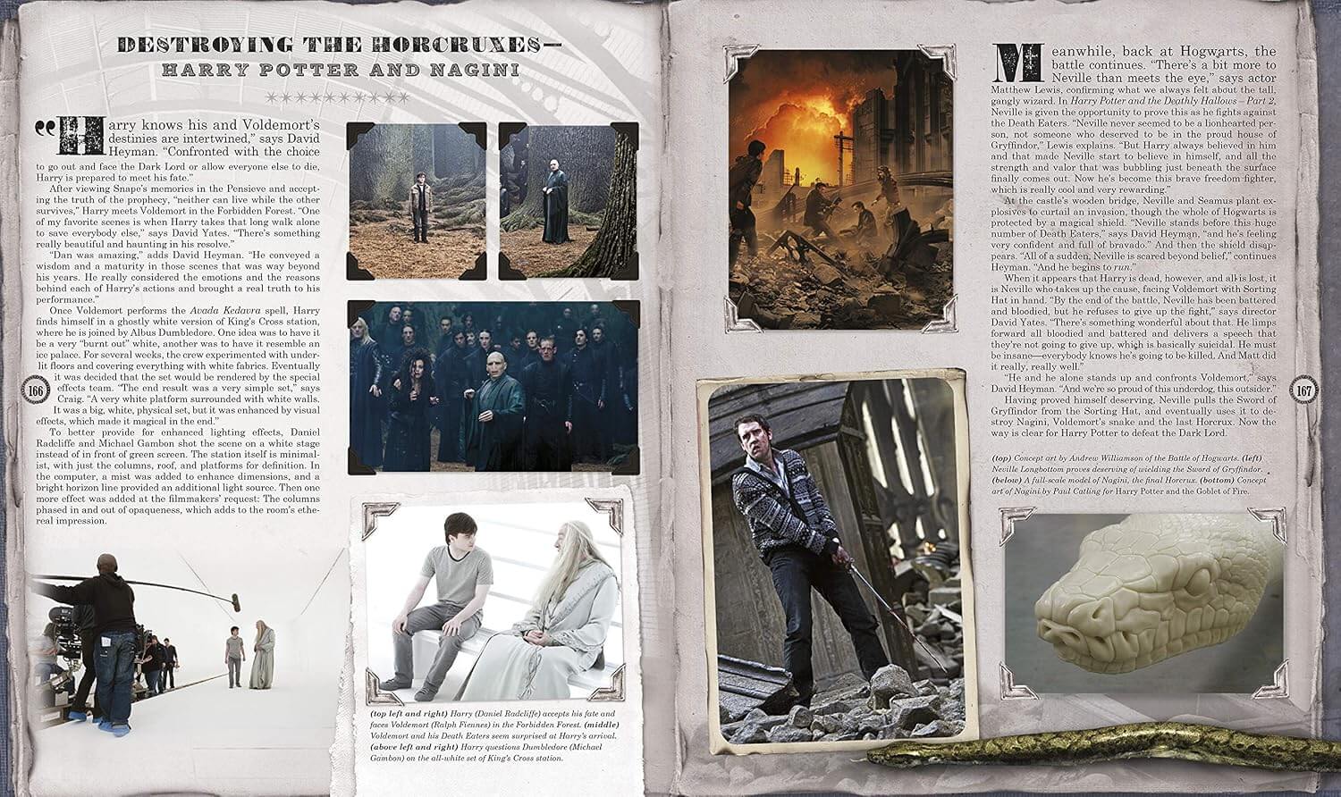 An open book spread displaying a printed article or magazine page about Harry Potter and the Forbidden Forest, featuring multiple inset photographs, a large battle scene, a character portrait, and a textured stone slab on an aged paper background.