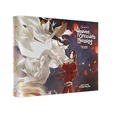 Product packaging with artistic design of two figures in flowing garments against a colorful background