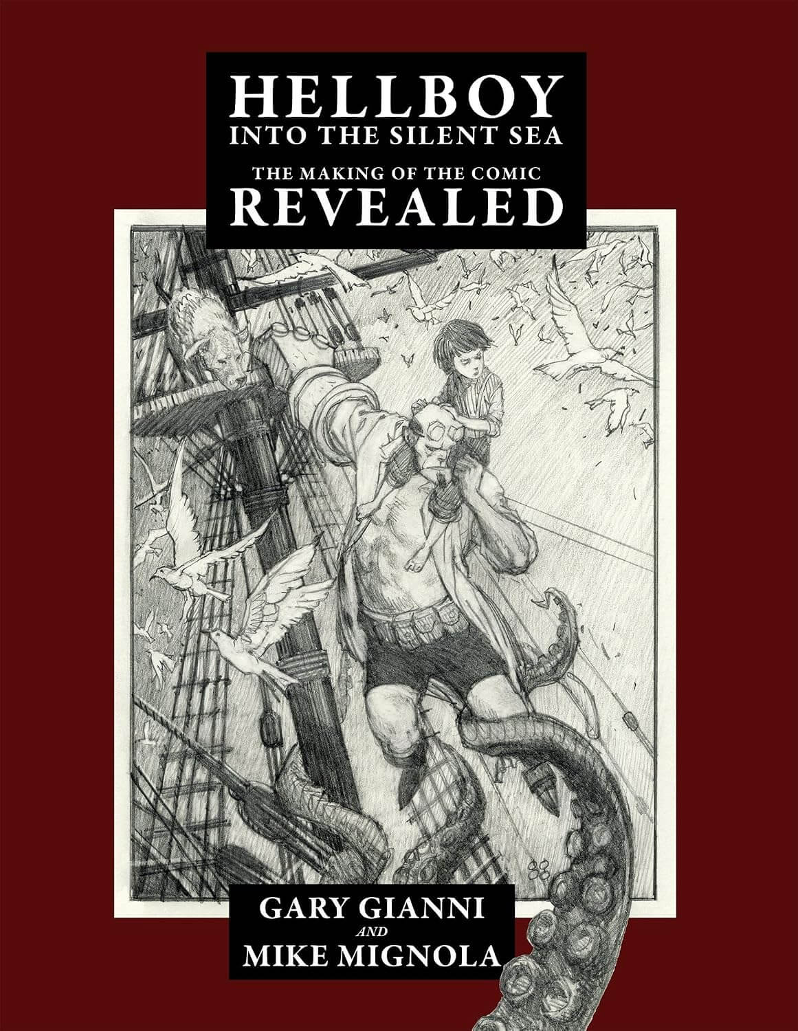 Book cover of 'Hellboy into the Silent Sea' with artwork and text on a red background