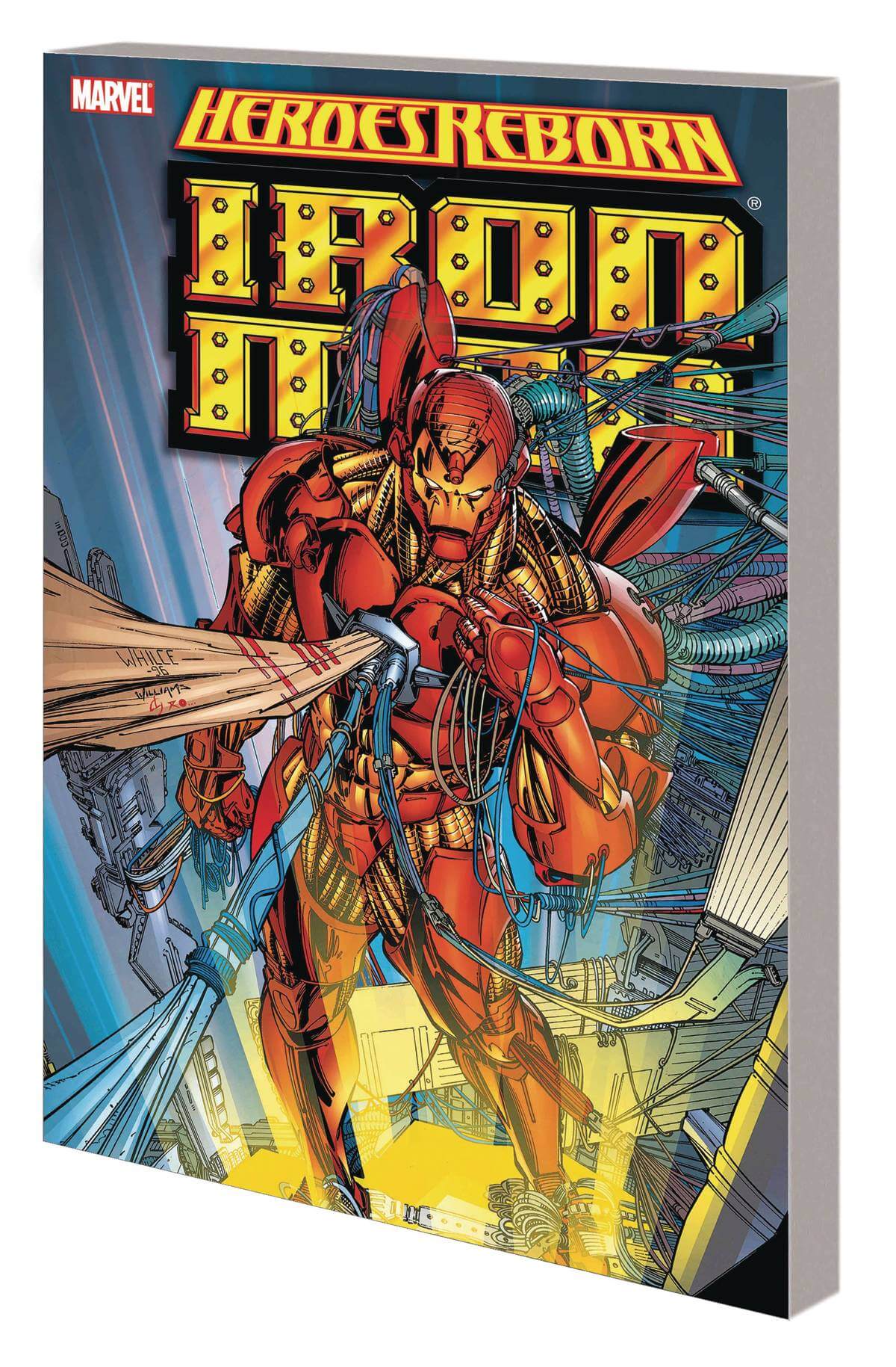 Cover of the comic book 'Iron Man' featuring the character Iron Man in his armored suit, engaging in a dynamic pose with a vibrant background.