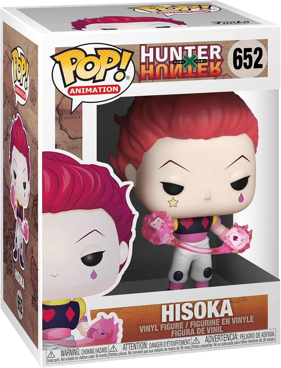 Funko Pop! vinyl figure packaging for Hisoka from Hunter x Hunter, with 'Pop!' logo and product details.