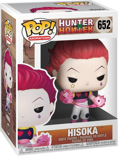 Funko Pop! vinyl figure packaging for Hisoka from Hunter x Hunter, with 'Pop!' logo and product details.